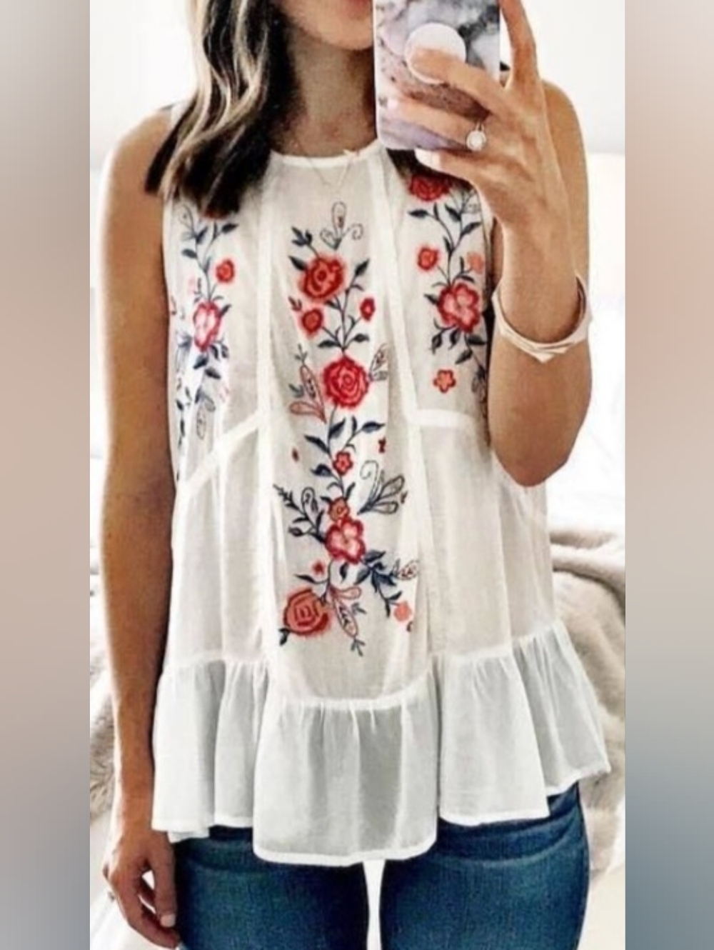 NWOT Xhilaration white sleeveless Embroidered Floral Tank Top Womens Size Medium